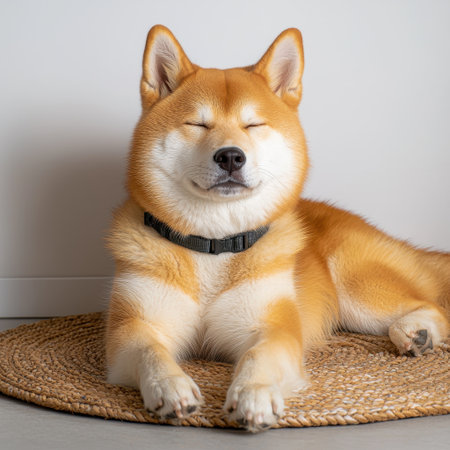 Calm Akita Inu resting on a rug relaxed pose comforting vibe soft indoor lighting close-up shot showing fluffy coat.の素材