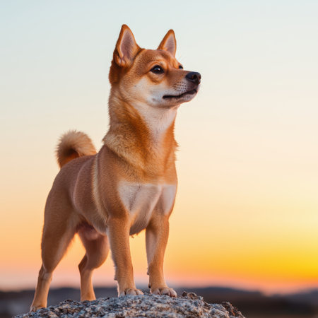 Alert Shiba Inu standing proudly on a rocky outcrop adventurous spirit dramatic sunset behind wide-angle viewの素材