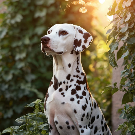 Adult Dalmatian sitting majestically lush green garden soft golden hour light side profile serene atmosphereの素材