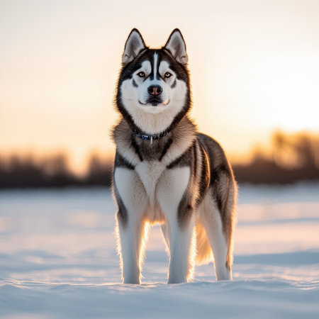Majestic Alaskan malamute standing proudly in snowy landscape bright sunlight low angle view winter wonderland settingの素材
