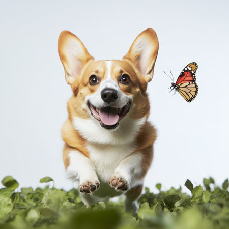 Energetic Corgi chasing a butterfly in a lush garden playful stance carefree mood bright afternoon light action shot from a low perspectiveの素材