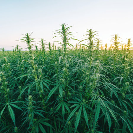 Vibrant green hemp plants swaying gently in the breeze sunlit farm landscape serene atmosphere aerial view golden hour lightingの素材