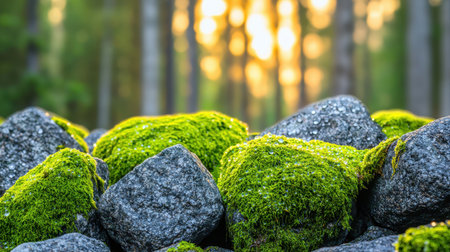 Lush green moss covering rocks dew droplets glistening in morning light wide angle shot peaceful woodland atmosphereの素材