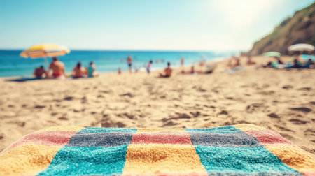 Relaxed beach scene with colorful beach towels and umbrellas families playing bright sunlight wide-angle view seasideの素材