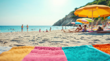 Relaxed beach scene with colorful beach towels and umbrellas families playing bright sunlight wide-angle view seasideの素材