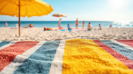 Relaxed beach scene with colorful beach towels and umbrellas families playing bright sunlight wide-angle view seasideの素材