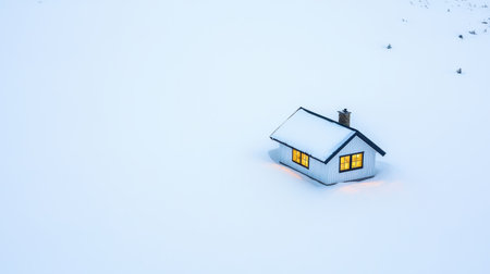 Snow-covered landscape with a cozy cabin warm light glowing from windows serene and tranquil aerial viewの素材