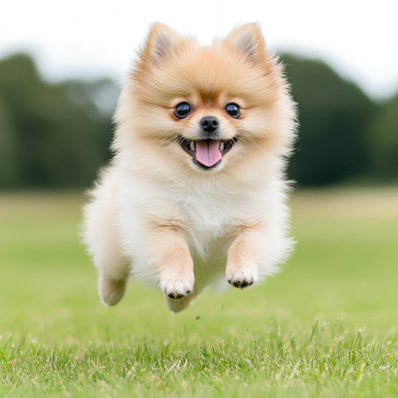 Fluffy Pomeranian puppy playfully jumping on a grassy field bright sunlight cheerful mood low angle shot outdoor settingの素材