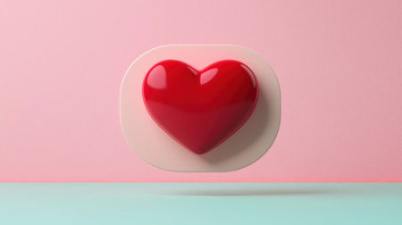3D red heart inside a speech bubble floating gently whimsical mood soft pink lighting top-down angle minimalistic backgroundの素材