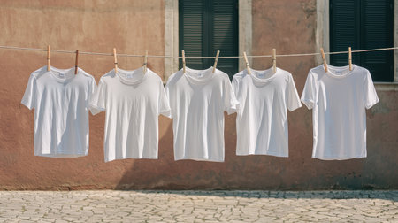 Artistic display of white t-shirts hanging on a clothesline breezy setting soft daylight filtering through wide-angle perspective.の素材