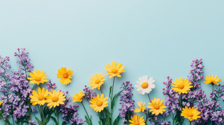 Delicate yellow daisies and purple lilacs arranged thoughtfully serene ambiance pastel blue backdrop close-up angleの素材