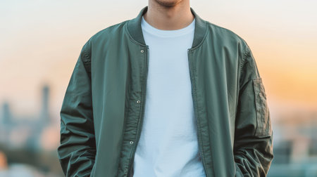 Fashionable individual layering white t-shirt under a jacket candid moment cityscape backdrop golden hour glow mid-angle shotの素材