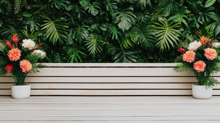 Elegant wooden stage with exotic flowers soft golden hour glow tranquil ambiance wide-angle shot dense jungle backdropの素材