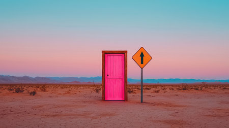 Mysterious open door in barren desert hinting at secrets beyond soft twilight ambiance panoramic view ethereal feelの素材