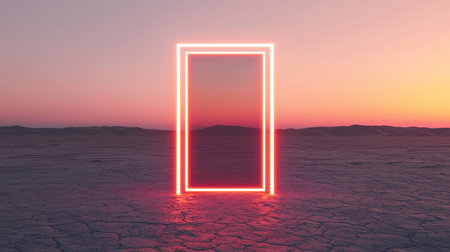 Striking door framed by endless desert symbolizing opportunity vibrant sun setting bird's eye view dreamlike qualityの素材