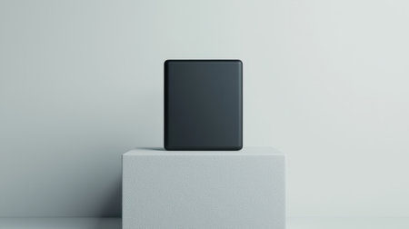 Premium gadget resting on a simple pedestal dramatic side lighting creating depth stark white background close-up angleの素材
