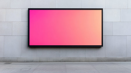 Vibrant billboard showcasing fashion ad bright colors against gray wall bustling street life golden hour lighting eye-level shotの素材