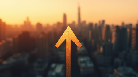 Abstract arrow symbolizing upward movement blurred city skyline in background energetic mood golden hour light wide-angle viewの素材