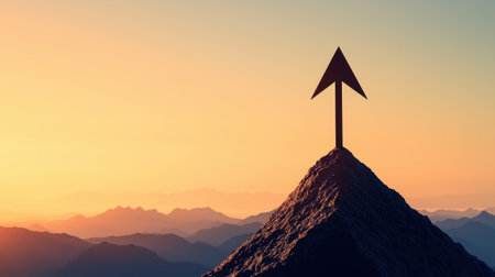 Bold 3D arrow on a mountain peak symbolizing achievement dramatic sunset backdrop inspiring mood panoramic viewの素材