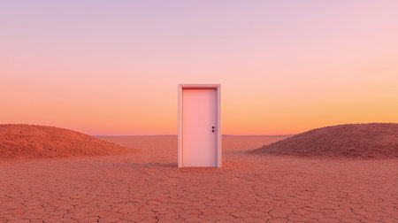 Mysterious open door in barren desert hinting at secrets beyond soft twilight ambiance panoramic view ethereal feelの素材
