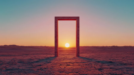 Striking door framed by endless desert symbolizing opportunity vibrant sun setting bird's eye view dreamlike qualityの素材