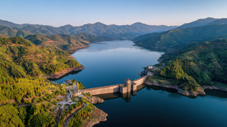 Aerial View of a Majestic Dam Surrounded by Lush Green Mountains and Calm Waters at Sunset in an Idyllic Landscapeの素材