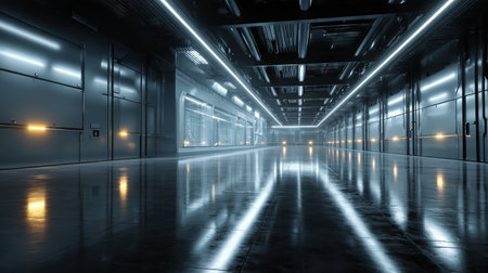 Futuristic Modern Industrial Space with Glowing Neon Lights and Sleek Reflections in a High-Tech Environment Ideal for Science Fiction and Technology Themesの素材