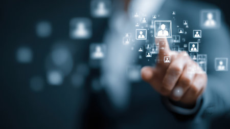 Businessman Interacting with Digital Interface Showing Virtual Network of People in Abstract Style for Technology and Connection Themesの素材