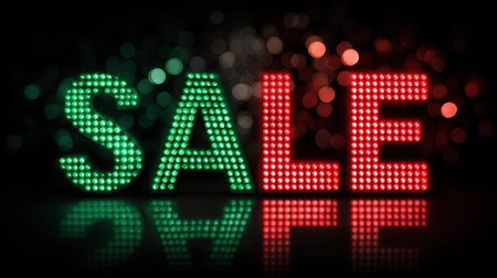 Bright and Eye-Catching Sale Sign with Green and Red Lights Against a Dark Background for Promotional Marketing Use in Retail and Online Storesの素材