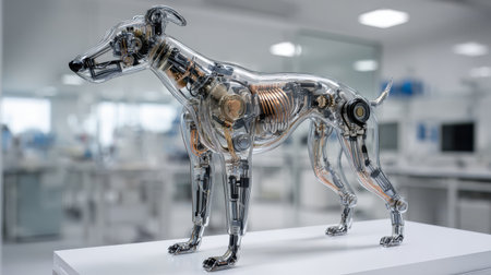 Futuristic robotic dog model showcasing intricate mechanical components and transparent design in a modern laboratory setting, highlighting innovation and technologyの素材