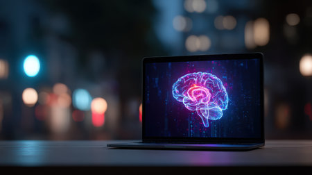 Futuristic digital brain representation on laptop screen with vibrant neon colors, depicting technology, innovation, and human intelligence conceptsの素材