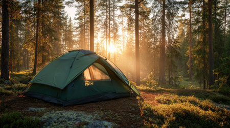 Beautiful Sunrise Over a Green Tent in a Serene Forest Surrounded by Tall Trees and Soft Light Filtering Through Natures Canopyの素材