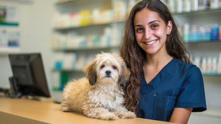 Young woman veterinarian smiling with small fluffy dog at animal clinic reception in friendly and welcoming atmosphere for pet care servicesの素材