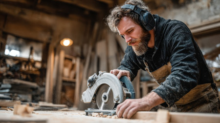 Skilled Carpenter Using Circular Saw in Woodworking Workshop with Dust and Focused Expression Amidst Rustic Settingの素材