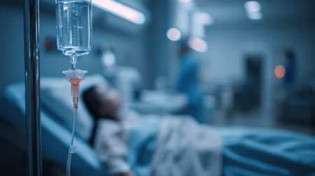Hospital scene with IV drip in focus, patient in bed, medical staff attending, soft blue light, healthcare environment, focused treatment areaの素材