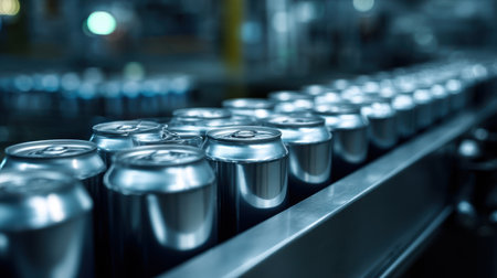 Production line of aluminum beverage cans moving on conveyor belt in modern factory with blurred background showcasing industrial workflow and efficiencyの素材