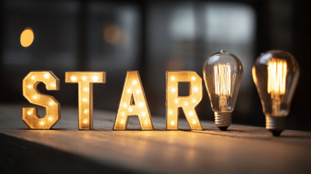 Illuminated marquee letters spelling out 'STAR' with glowing light bulbs creating a warm and inviting atmosphere in a cozy interior settingの素材