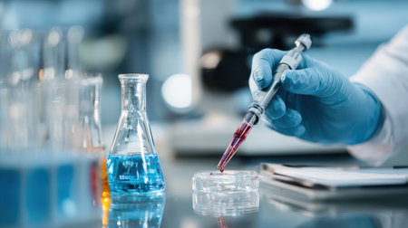 Laboratory Scientist Conducting Experiment with Pipette, Handling Liquid Samples in Petri Dish, Close-Up of Research Tools and Glassware in Modern Research Facilityの素材