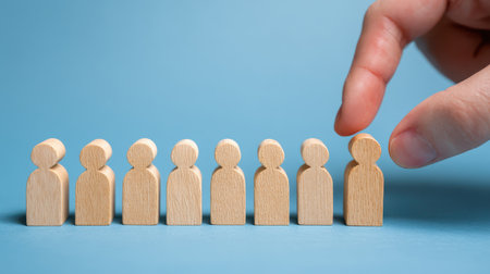 Unique hand choosing one wooden figure from a row of similar figures on a blue background, representing selection, decision-making, and individuality in business conceptsの素材