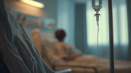 Patient in Hospital Bed Receiving Treatment with IV Stand in Foreground and Blurred Medical Environment in Backgroundの素材