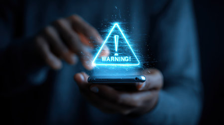 User Receiving Warning Notification on Smartphone with Attention-Grabbing Alert Symbol in Modern Digital Environmentの素材