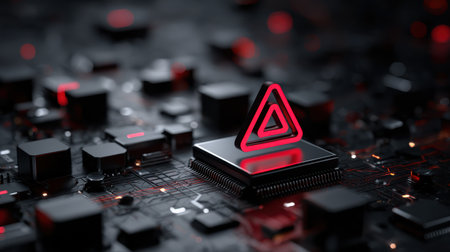 Futuristic Computer Circuitry with Red Triangle Symbol on Chip Surrounded by Dark Background and Microprocessors in High-Tech Environmentの素材