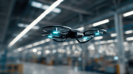 High-Quality Drone Aerial Photography Technology in Industrial Warehouse Environment with Focus on Futuristic Design and Advanced Featuresの素材