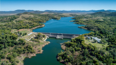 Scenic Aerial View of a Large Dam Surrounded by Lush Green Hills and a Serene Lake with Clear Blue Sky in a Beautiful Natural Landscapeの素材