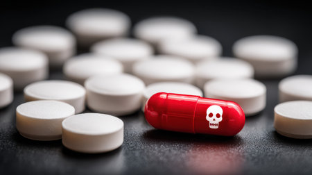 Red capsule with skull symbol on dark surface surrounded by white pills highlighting concepts of danger, toxicity, health risks, and pharmaceutical concerns.の素材