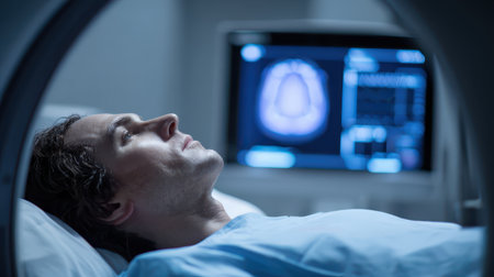 Man Undergoing Medical Imaging Procedure in Modern Healthcare Setting, Focus on Patient Relaxation and Advanced Technology Usage in Diagnosticsの素材