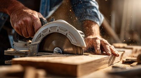 Skilled carpenter using circular saw to cut wood plank in workshop with dust flying, showcasing craftsmanship and passion for woodworking and carpentryの素材