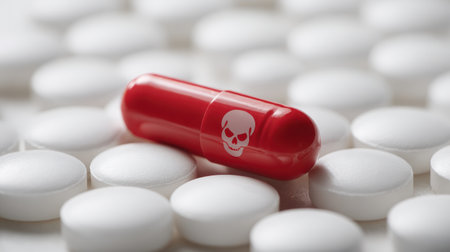 Red capsule with skull design on white background representing toxic substances and dangers of overdose in medicine and pharmaceutical industryの素材
