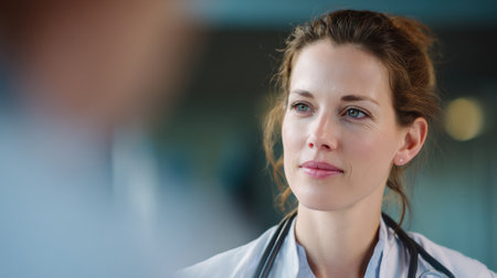 Close-Up of a Female Doctor in a Medical Setting with Stethoscope and Focused Expression in a Modern Healthcare Environmentの素材