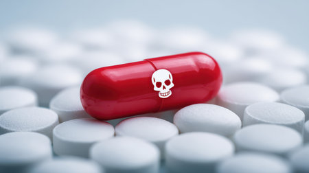 Red capsule with a skull symbol on a backdrop of white tablets, symbolizing danger and caution in pharmaceuticals and health-related topicsの素材